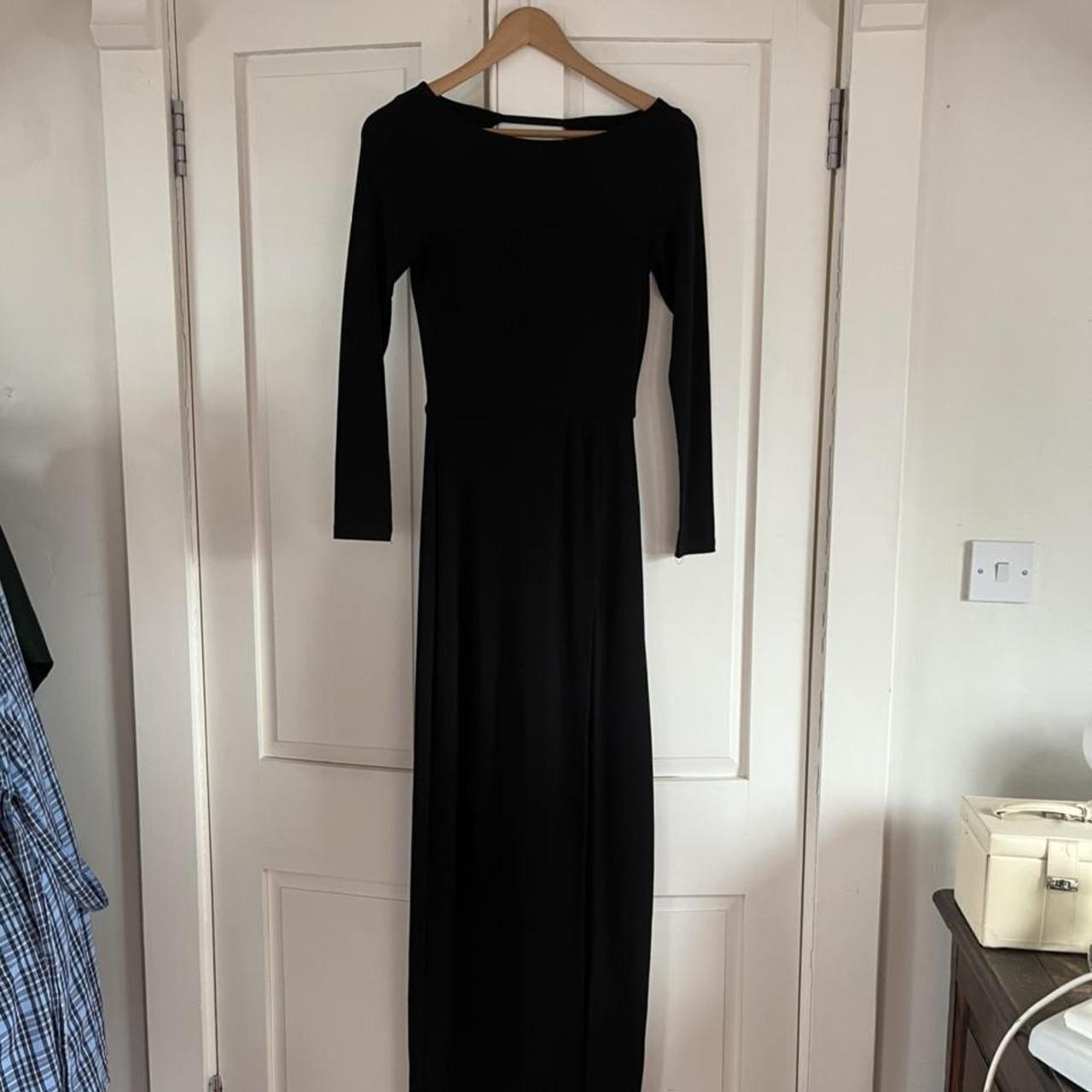 Black long sleeve maxi dress with slit up front and... - Depop