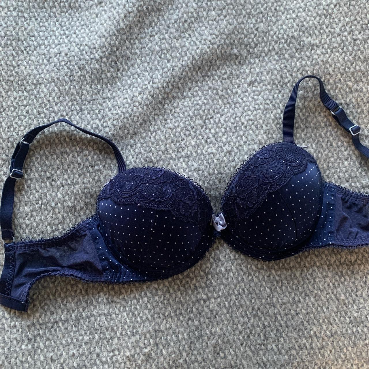 Navy blue satin white spot lace detail bra Size 30DD - Depop