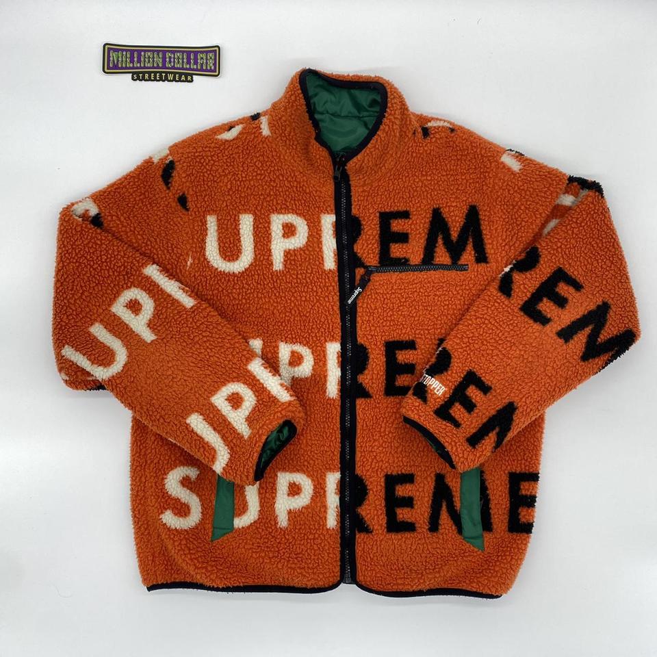 Supreme reversible logo fleece jacket Color: orange... - Depop