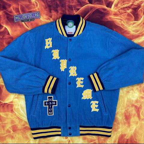 Supreme old English corduroy varsity jacket Color:... - Depop