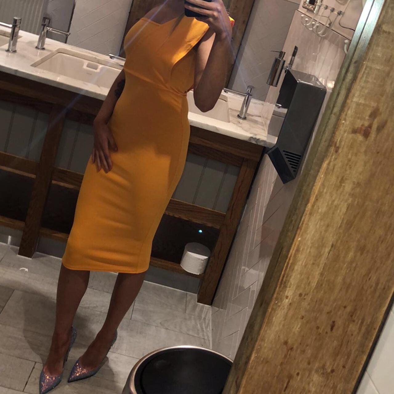 Yellow one shoulder draped best sale midi dress