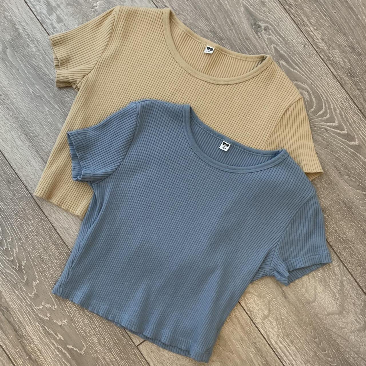 UNIQLO ribbed crop tops, blue & beige. Size XS,... - Depop