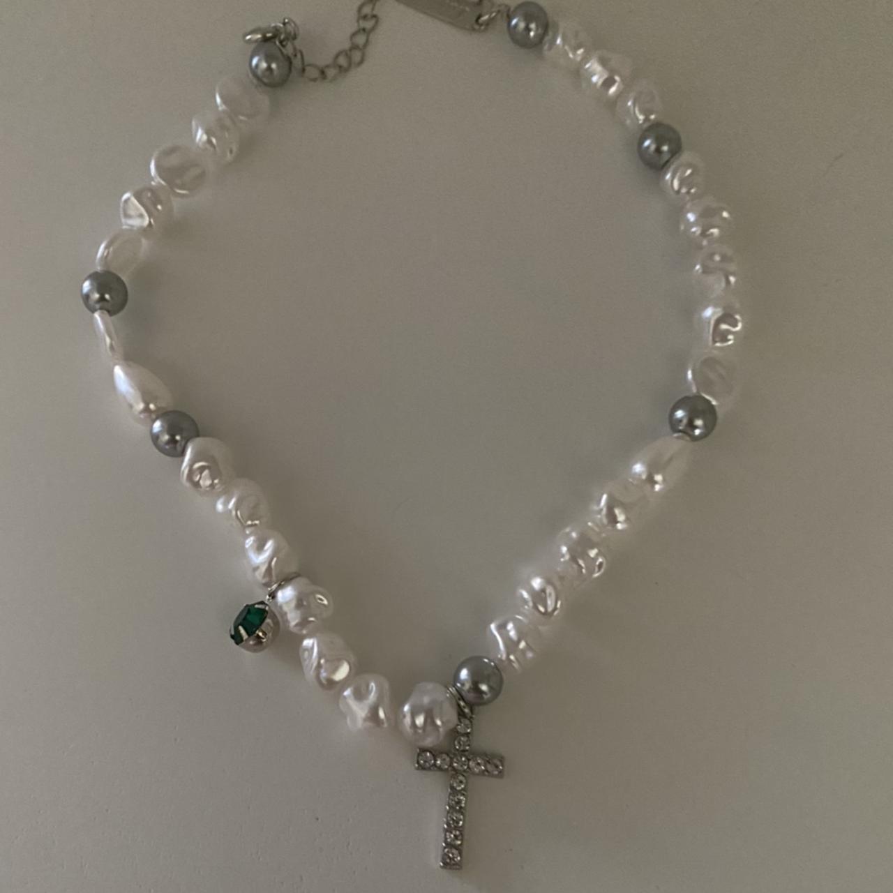 Cross pendant pearl necklace handmade by me 15-17 - Depop