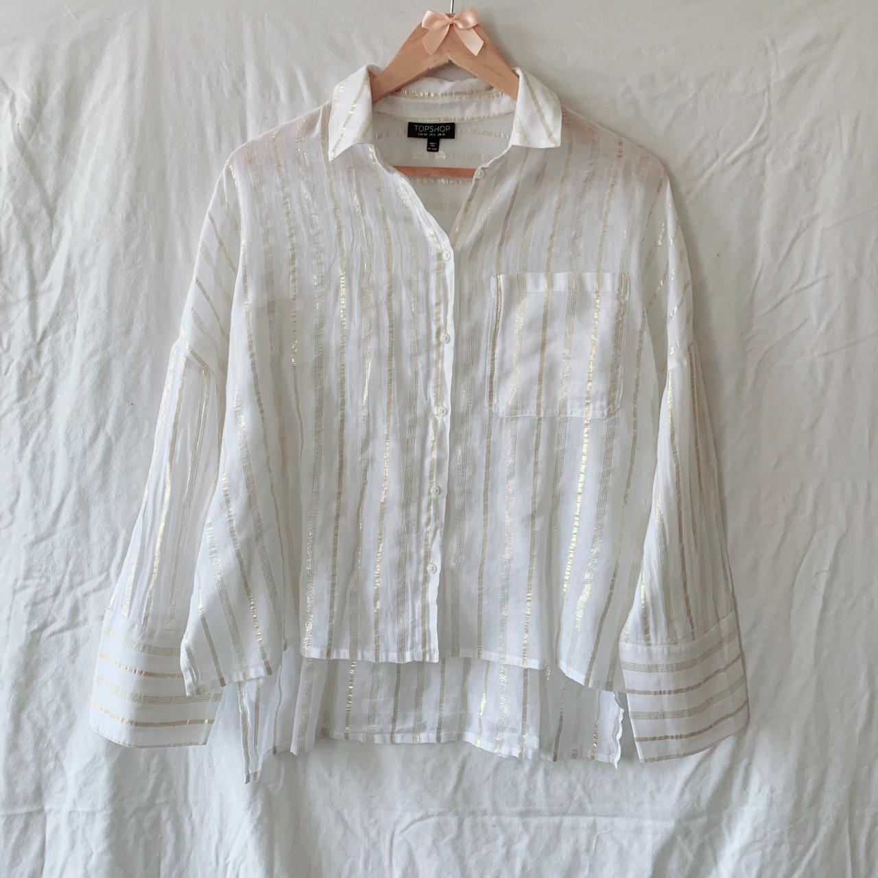 Topshop White And Metallic Gold Stripped Shirt... - Depop