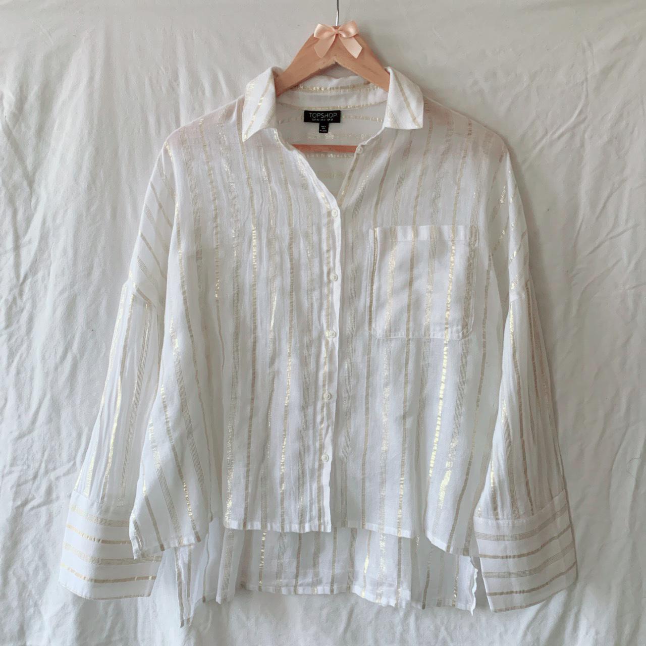 Topshop White And Metallic Gold Stripped Shirt... - Depop