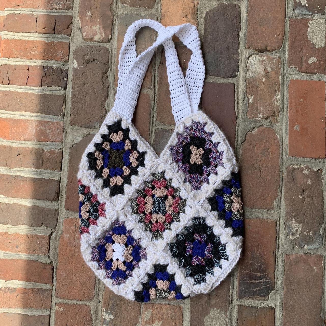 crocheted granny square tote bag with alternating... - Depop