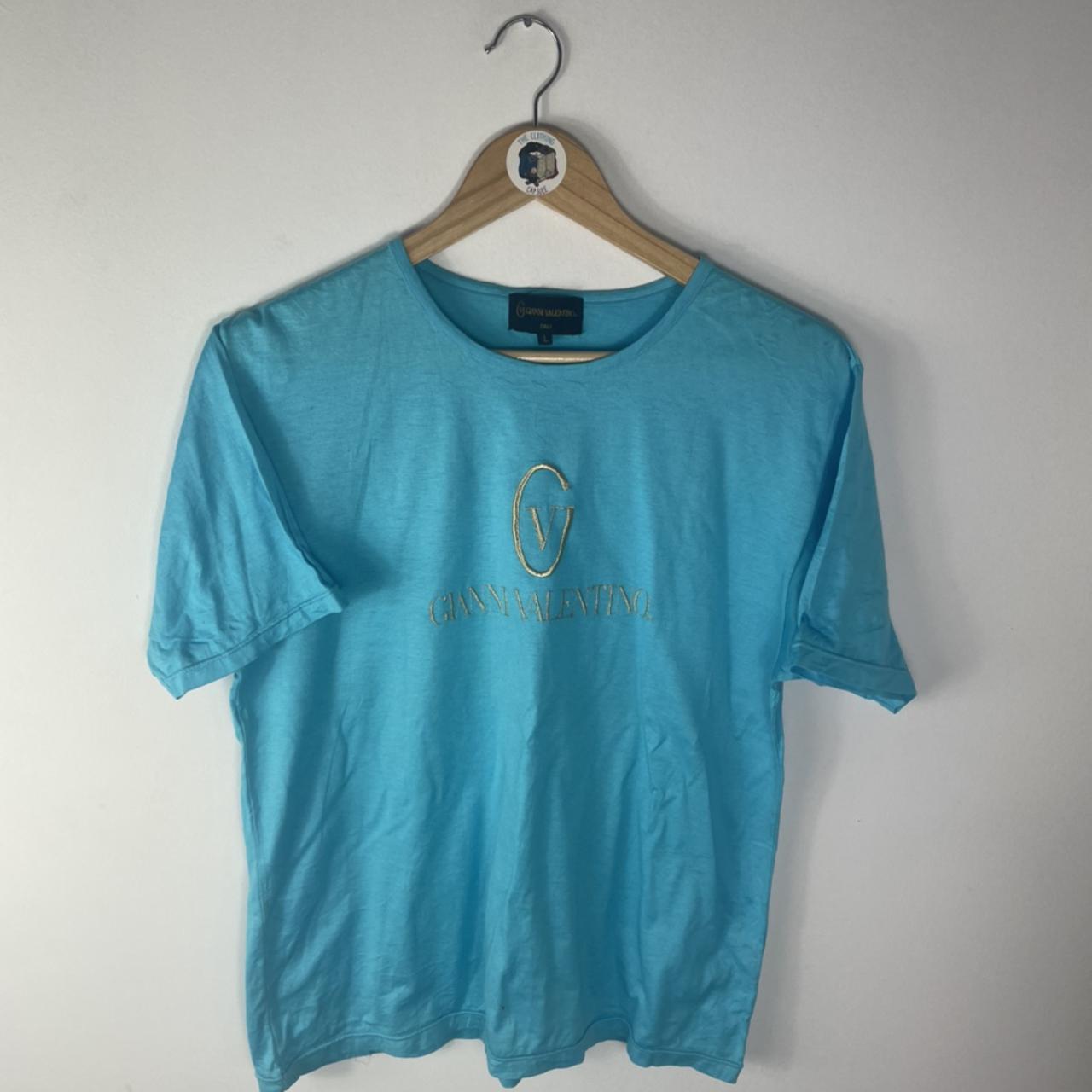 Bright Blue Gianni Valentino T-shirt with gold logo - Depop
