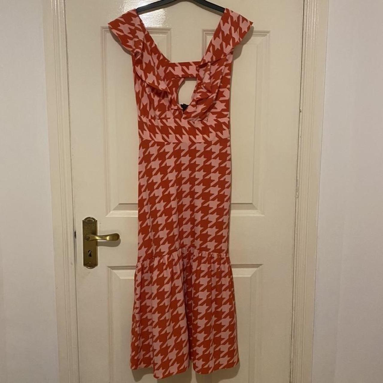 Pink and red dogtooth midi dress with frill