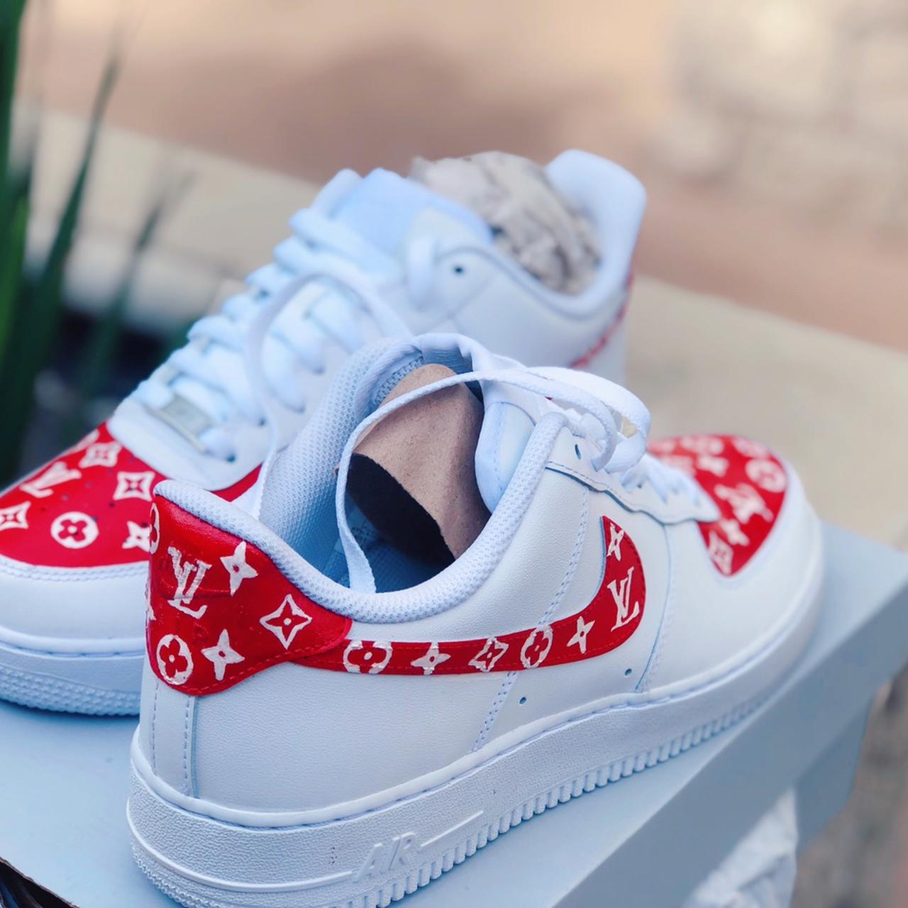 Red Supreme LV Custom Nike Air Max Shoes White - Bandana Fever