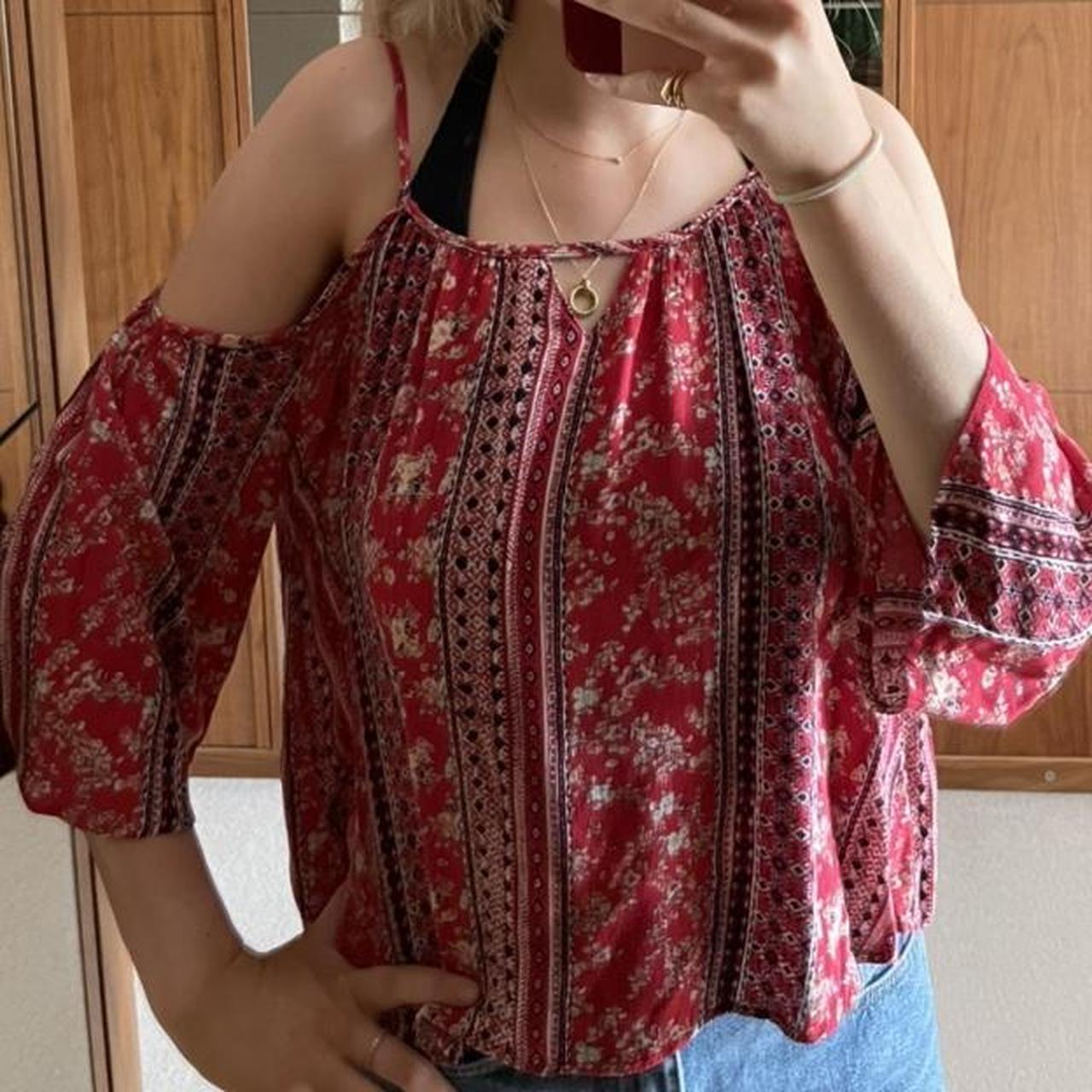 bershka red boho pattern off the shoulder strappy... - Depop
