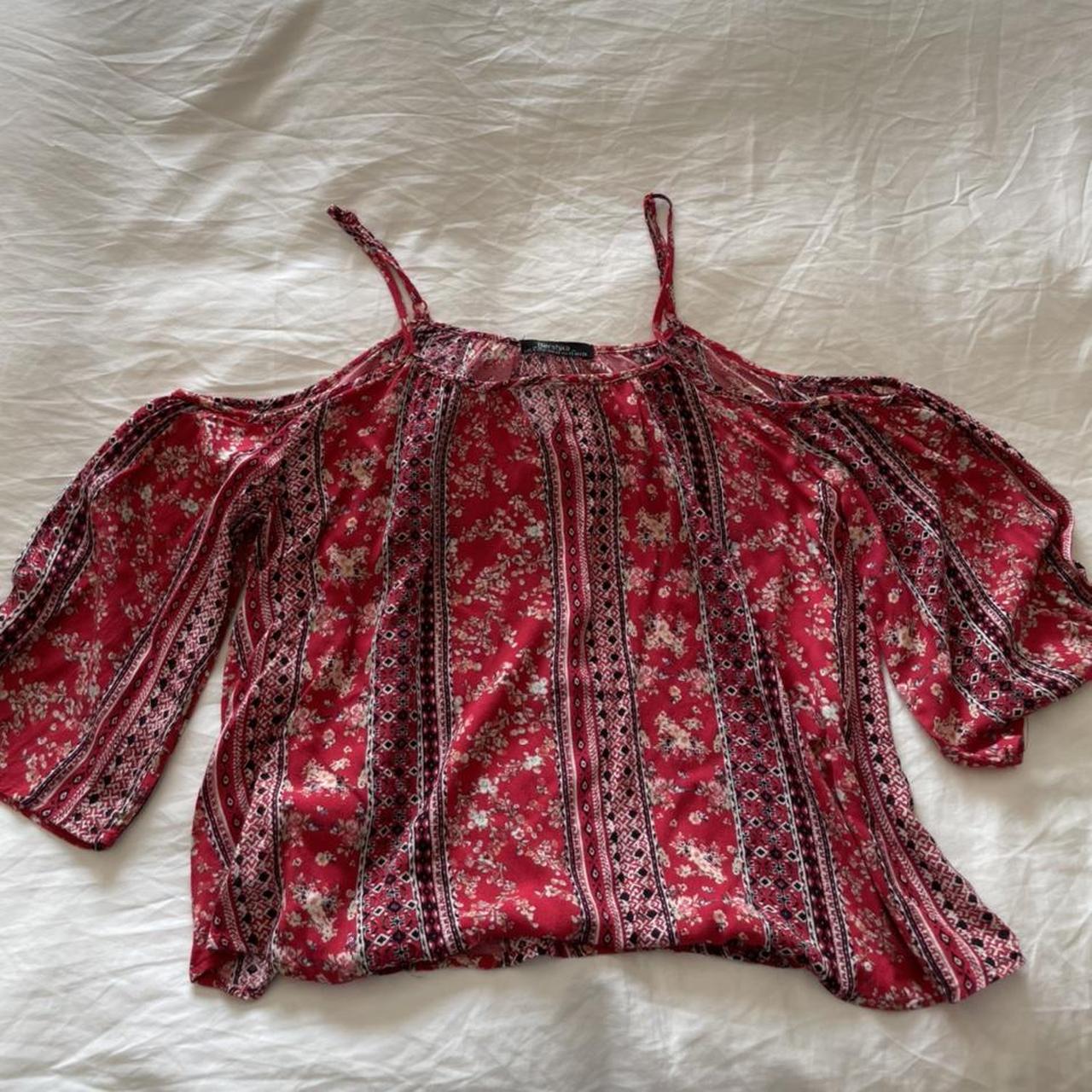 bershka red boho pattern off the shoulder strappy... - Depop