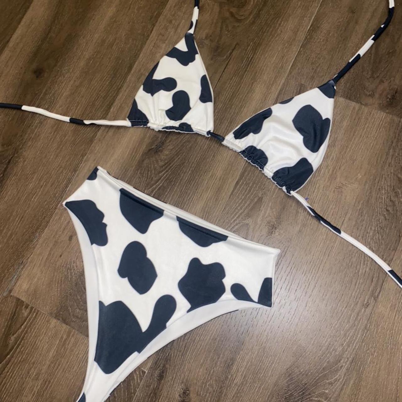 Brand new cow print bikini with high waisted bottoms... - Depop