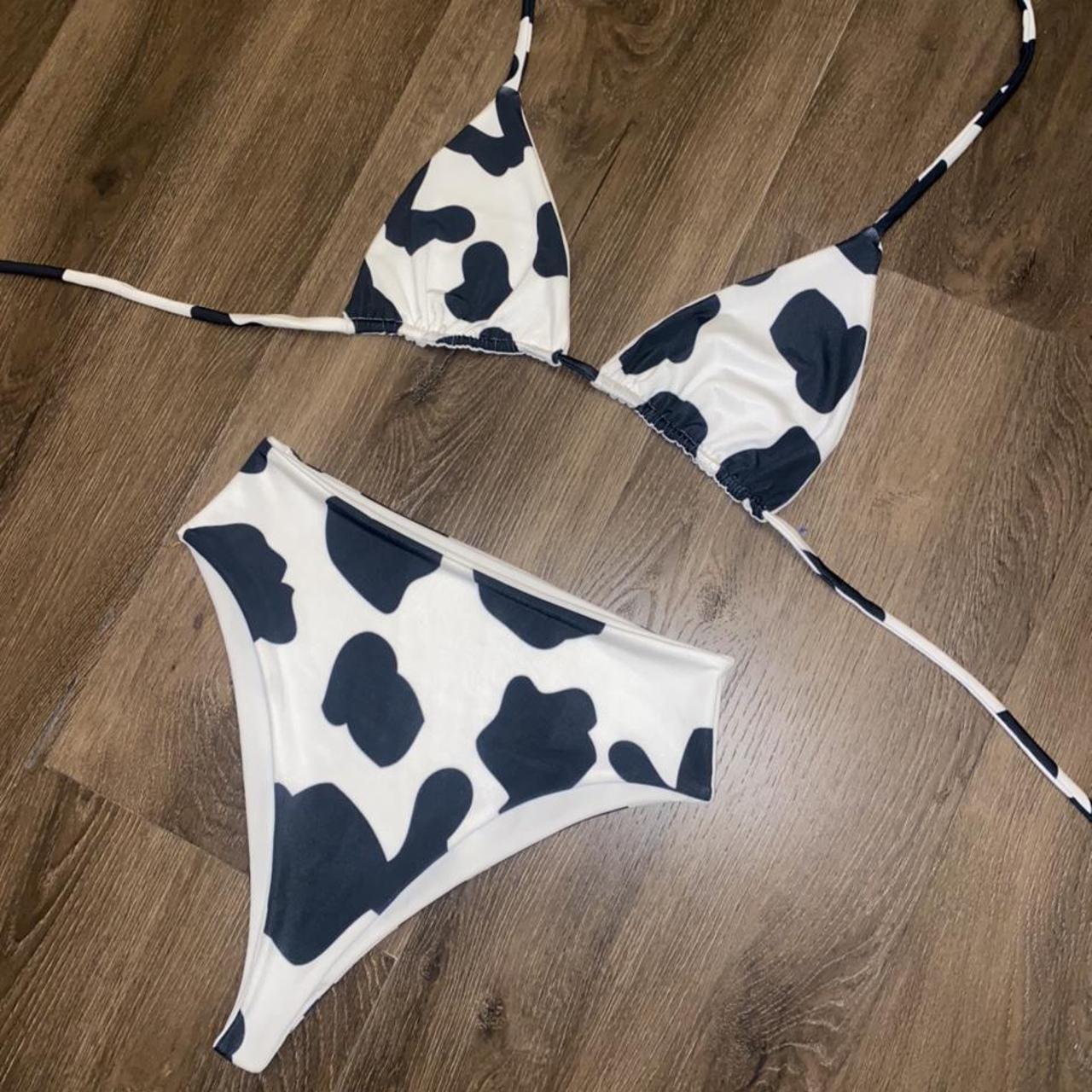 Brand new cow print bikini with high waisted bottoms... - Depop