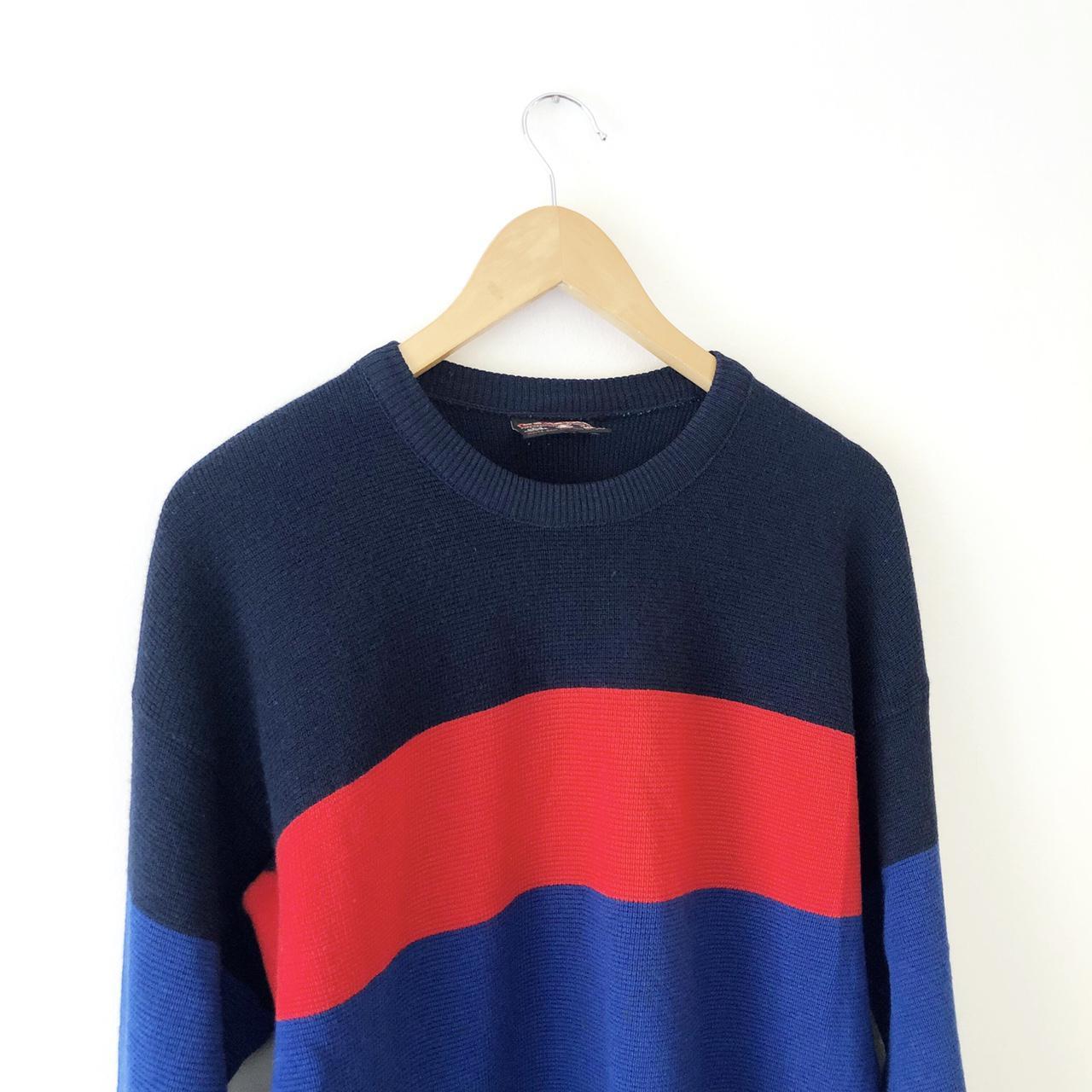 80s red and blue striped knit pullover sweater. 100%... - Depop