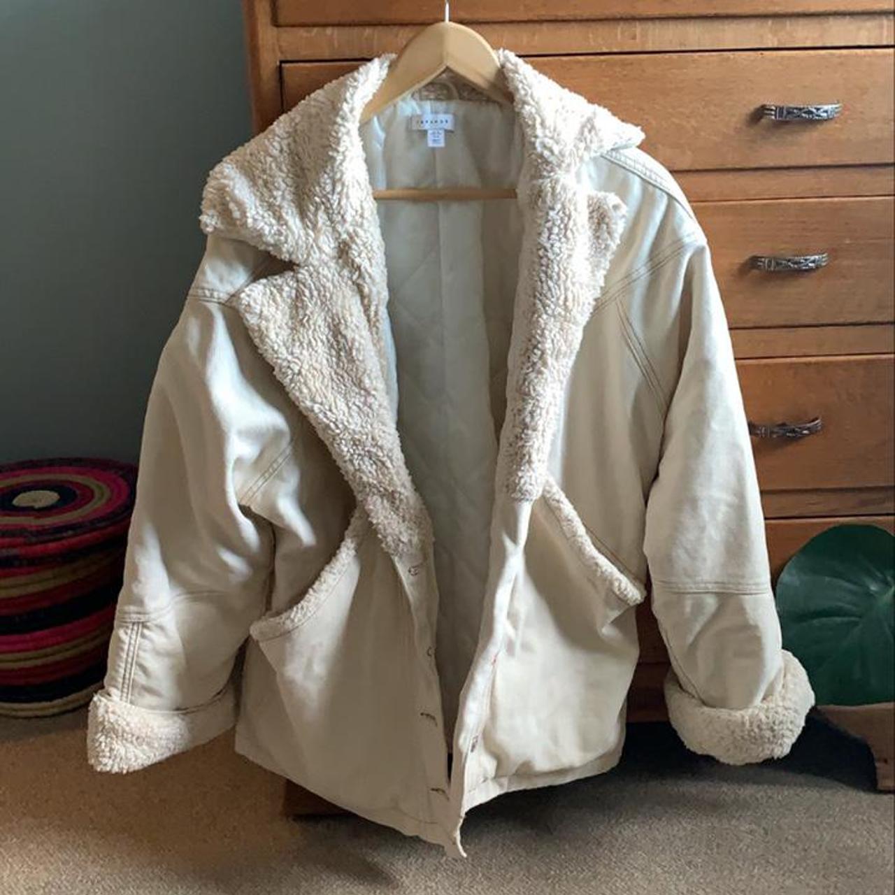 Topshop beige/cream flying jacket style button coat,... - Depop