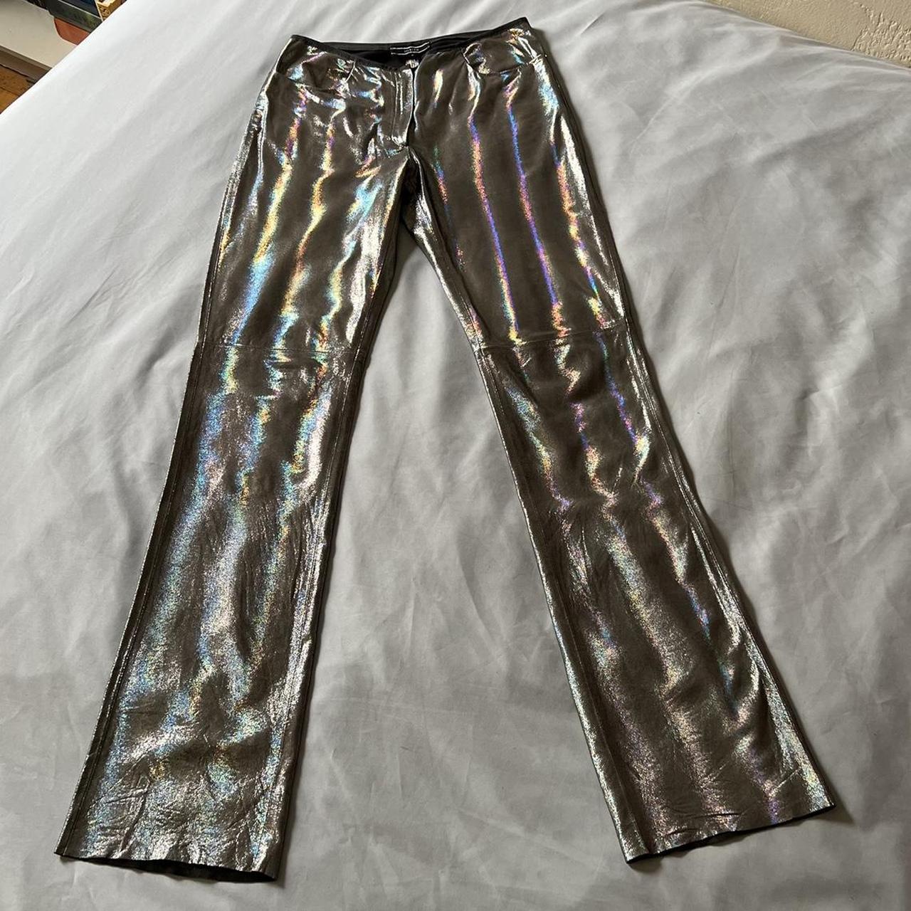 The “Zenon” Holographic Rainbow Leather Pants Silver... - Depop