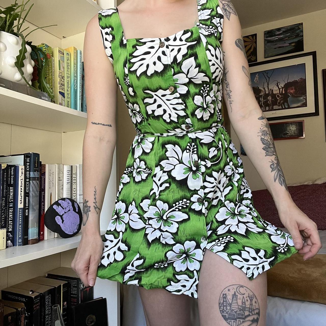 Green Tropical Flower Corset Dress By brand tiki... - Depop