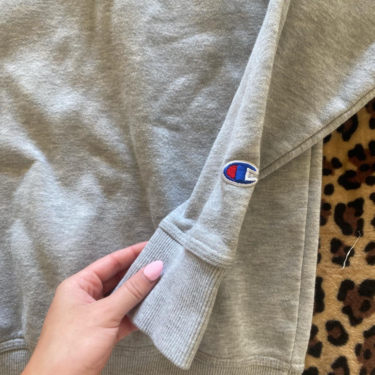 essential grey champion sweatshirt! size small and... - Depop