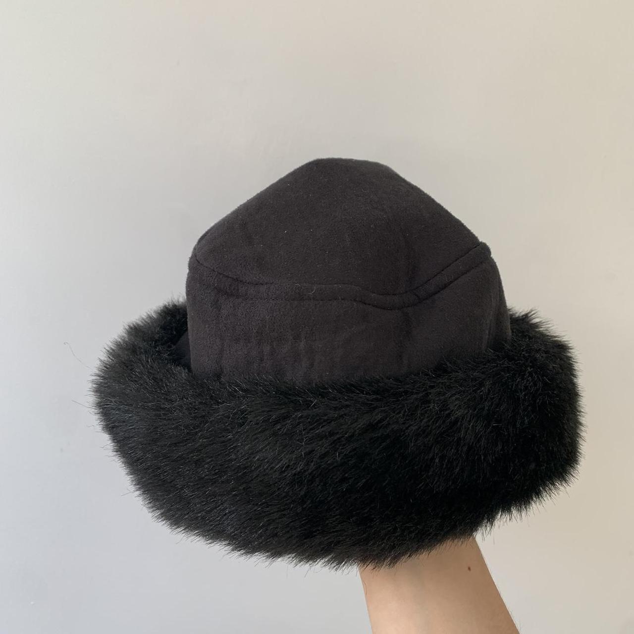 Faux fur hat y2k Vintage fluffy black round hat... - Depop