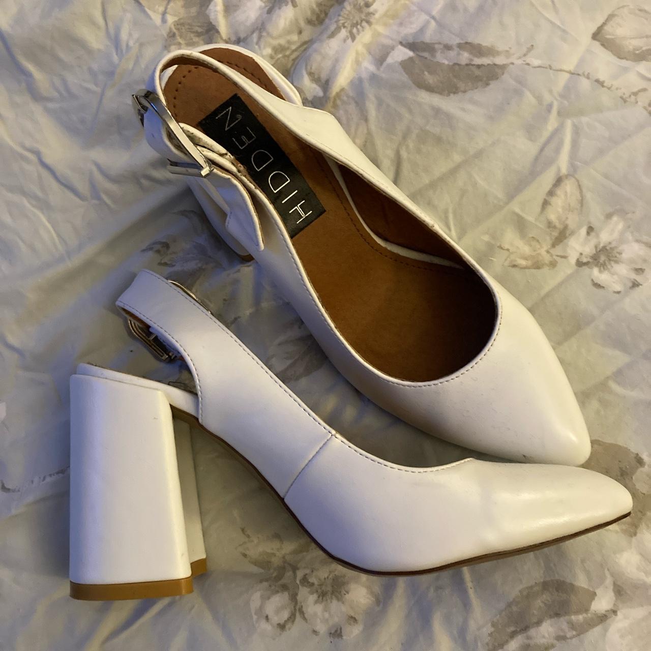 white slingback block heels
