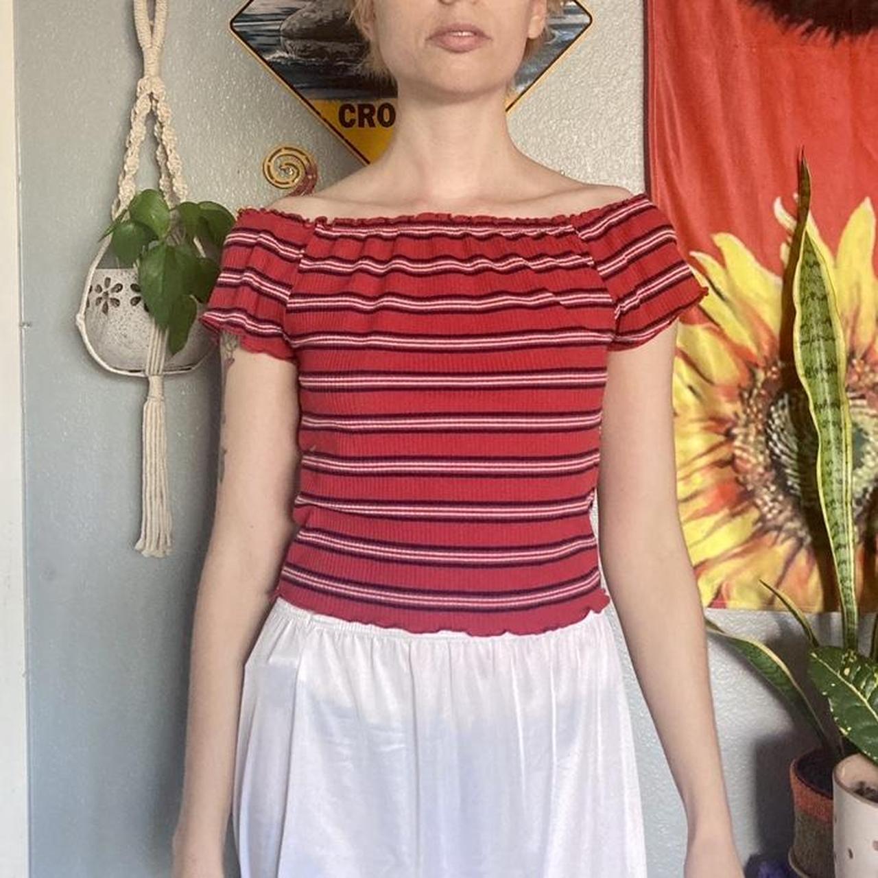 red striped lettuce hem off the shoulder crop top... Depop