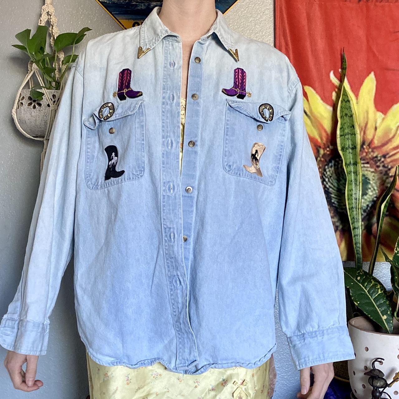 vintage 90s light wash denim button down collared... - Depop