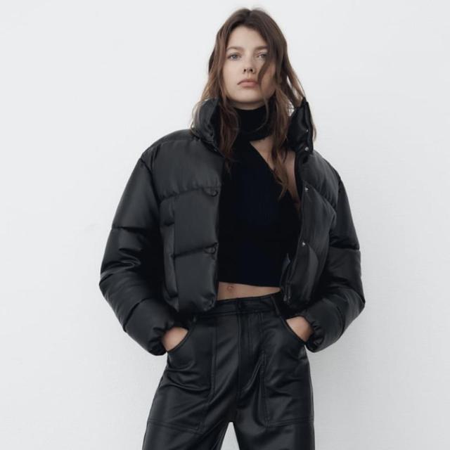 black leather puffer jacket zara