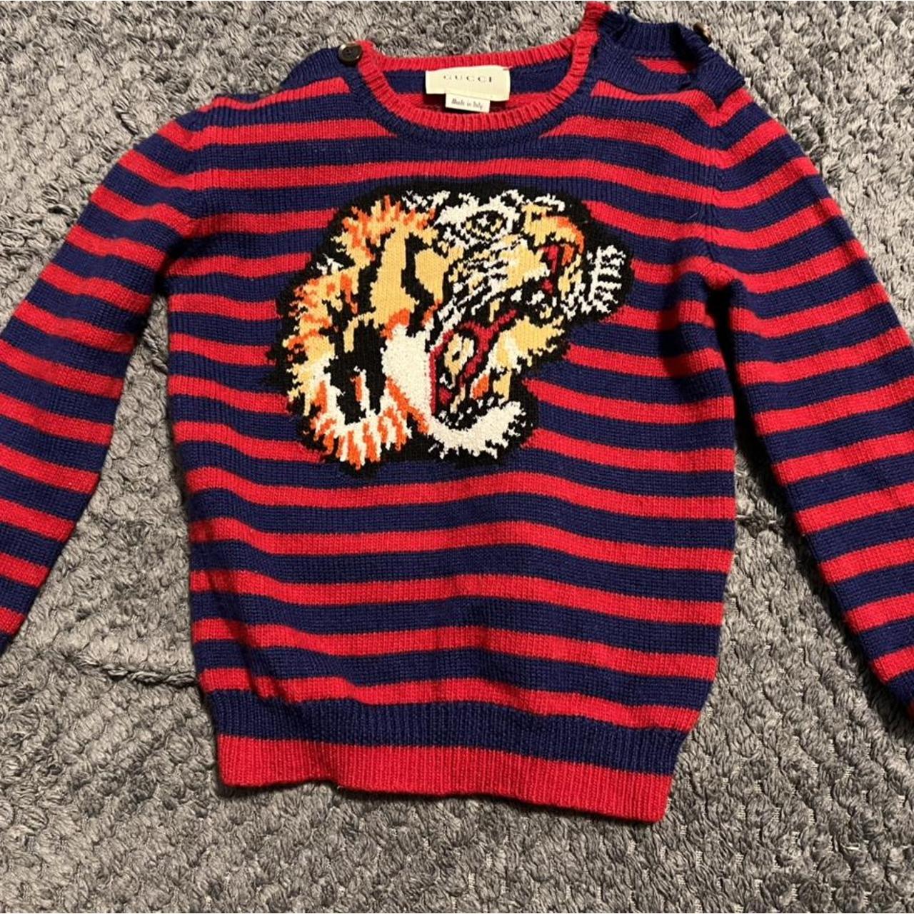 Gucci STRIPED SWEATER WITH TIGER MOTIF Red and Depop