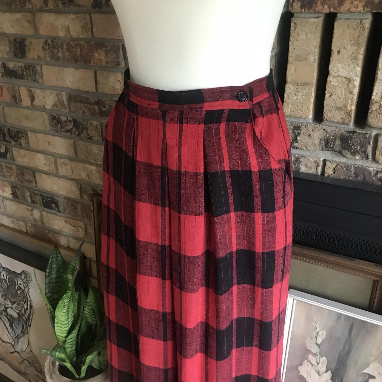 Red and black plaid vintage midi length skirt. Side... - Depop