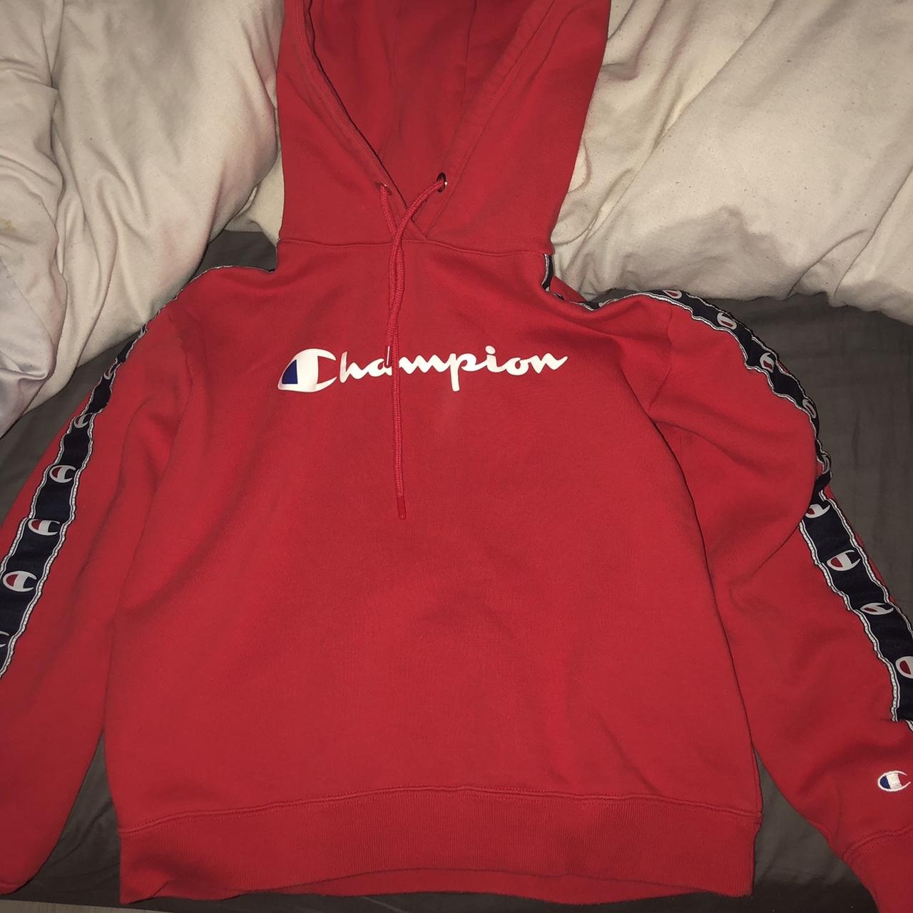 red champion tape hoodie