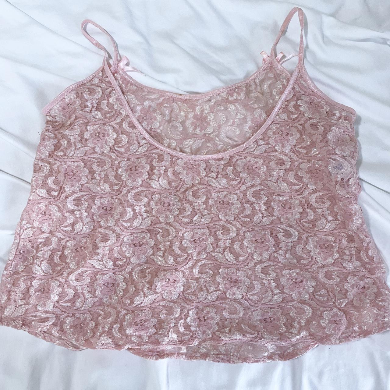 Y2k baby pink lace mesh lingerie cami tank top with... - Depop