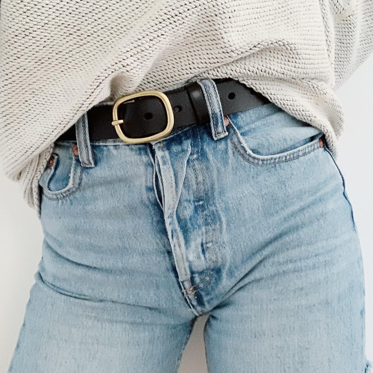 The perfect black leather belt with gold oval... - Depop