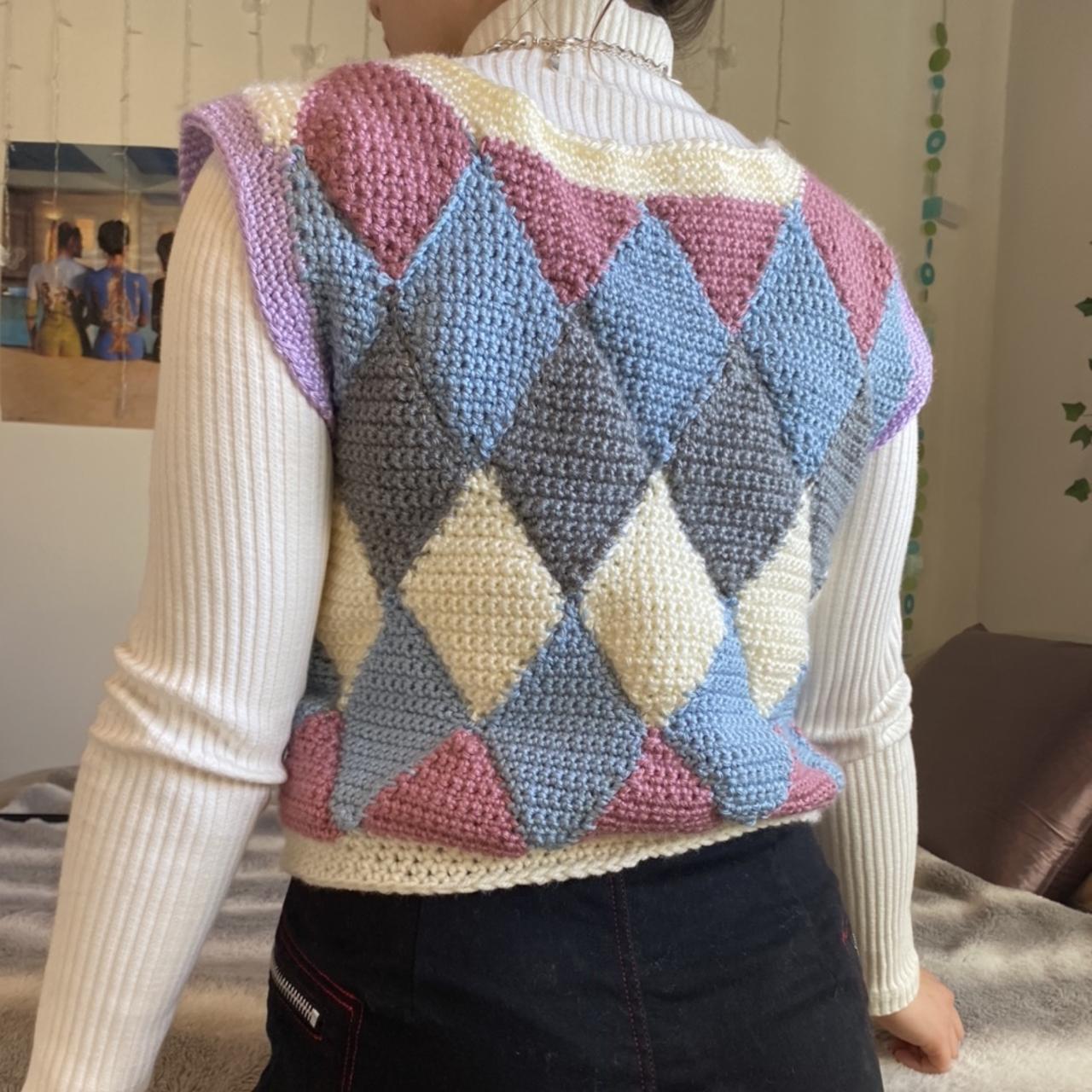 Handmade crochet cropped argyle sweater vest with... - Depop