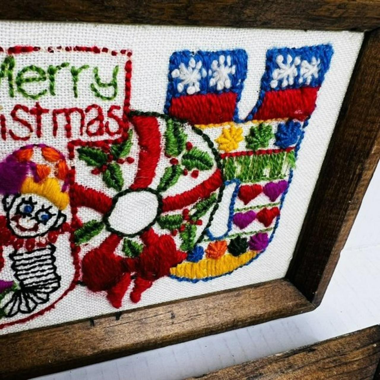 Vintage Christmas Noel & Joy Embroidered Framed Wall... - Depop