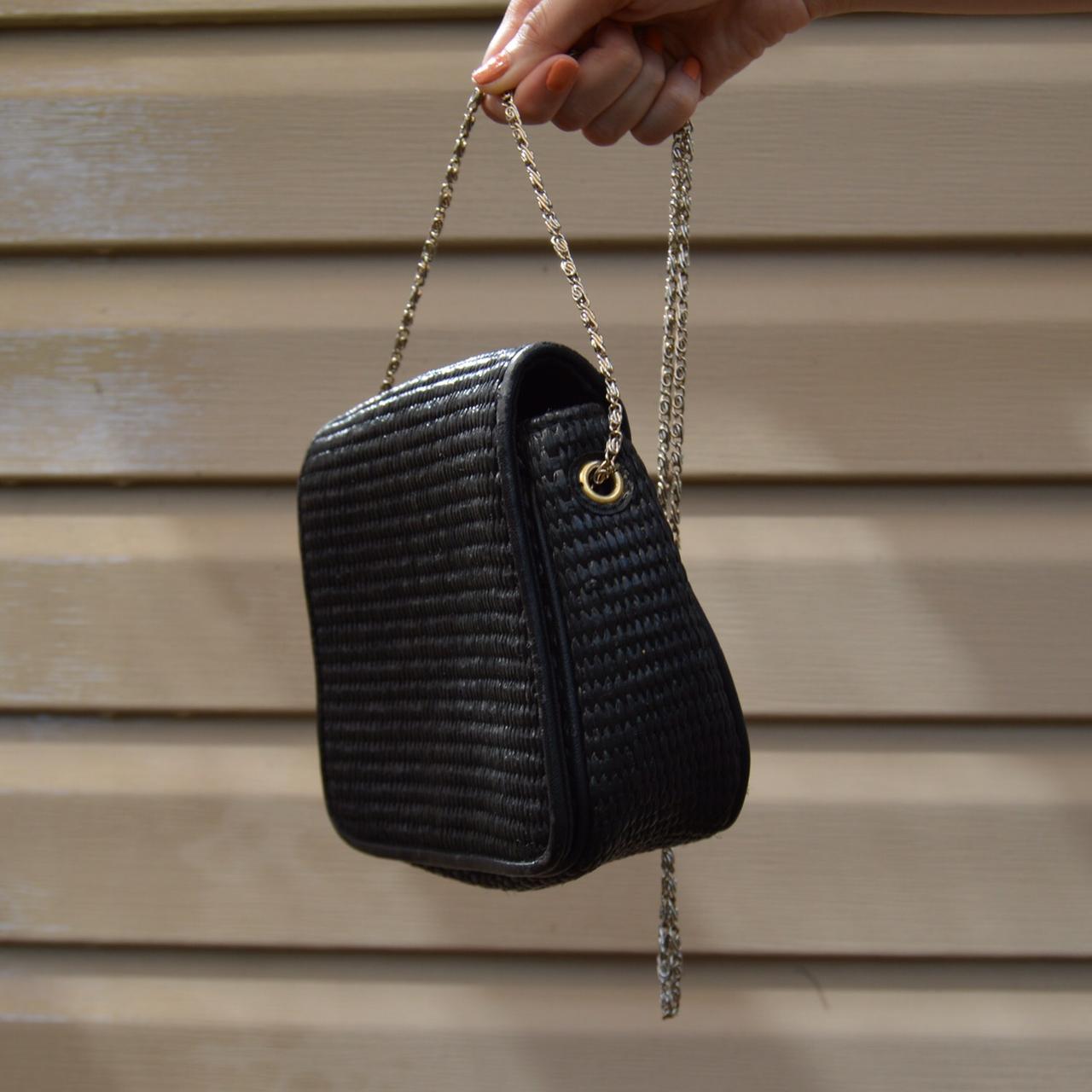 Black woven crossbody purse with chain strap... Depop