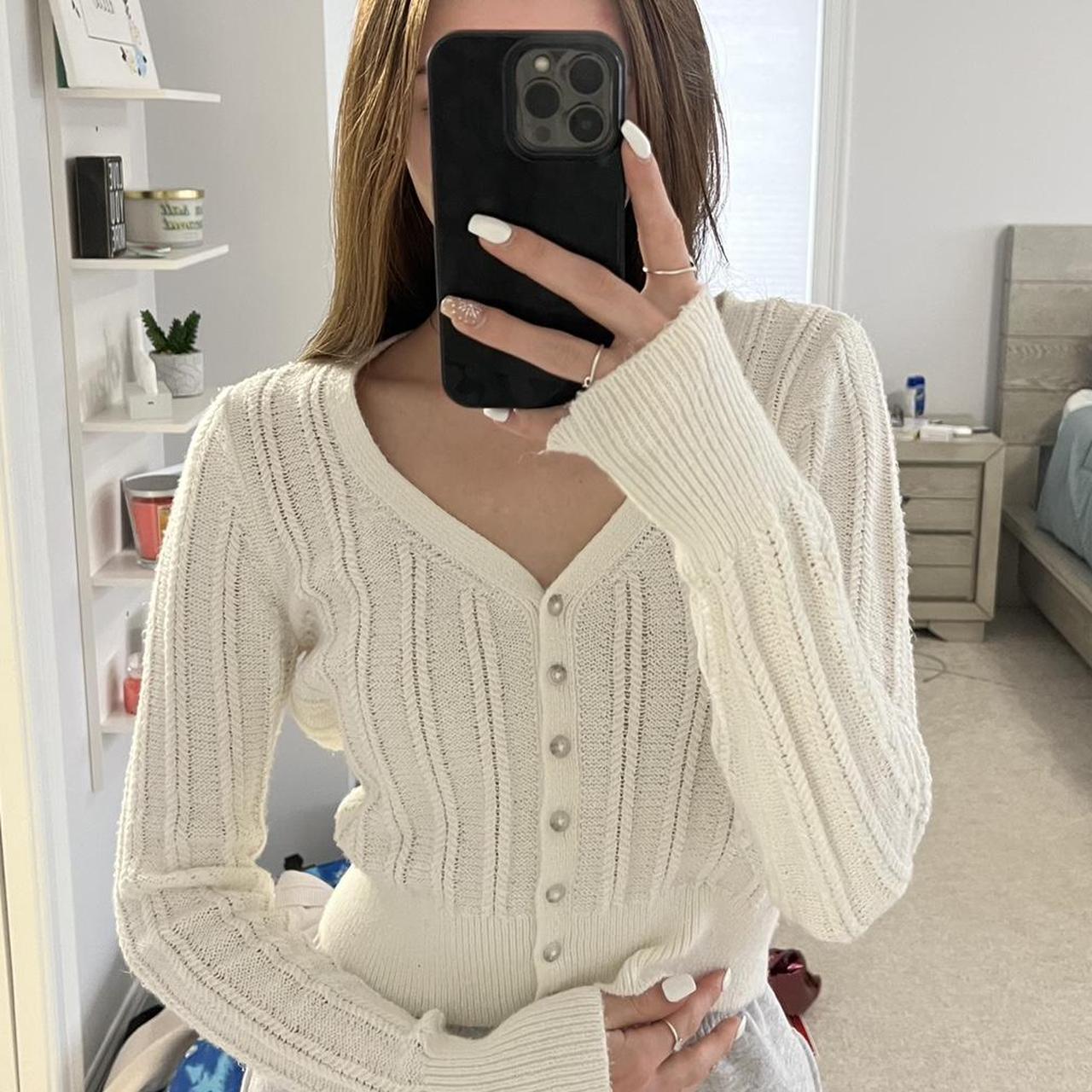 White cropped cardigan sweater from Abercrombie!... - Depop