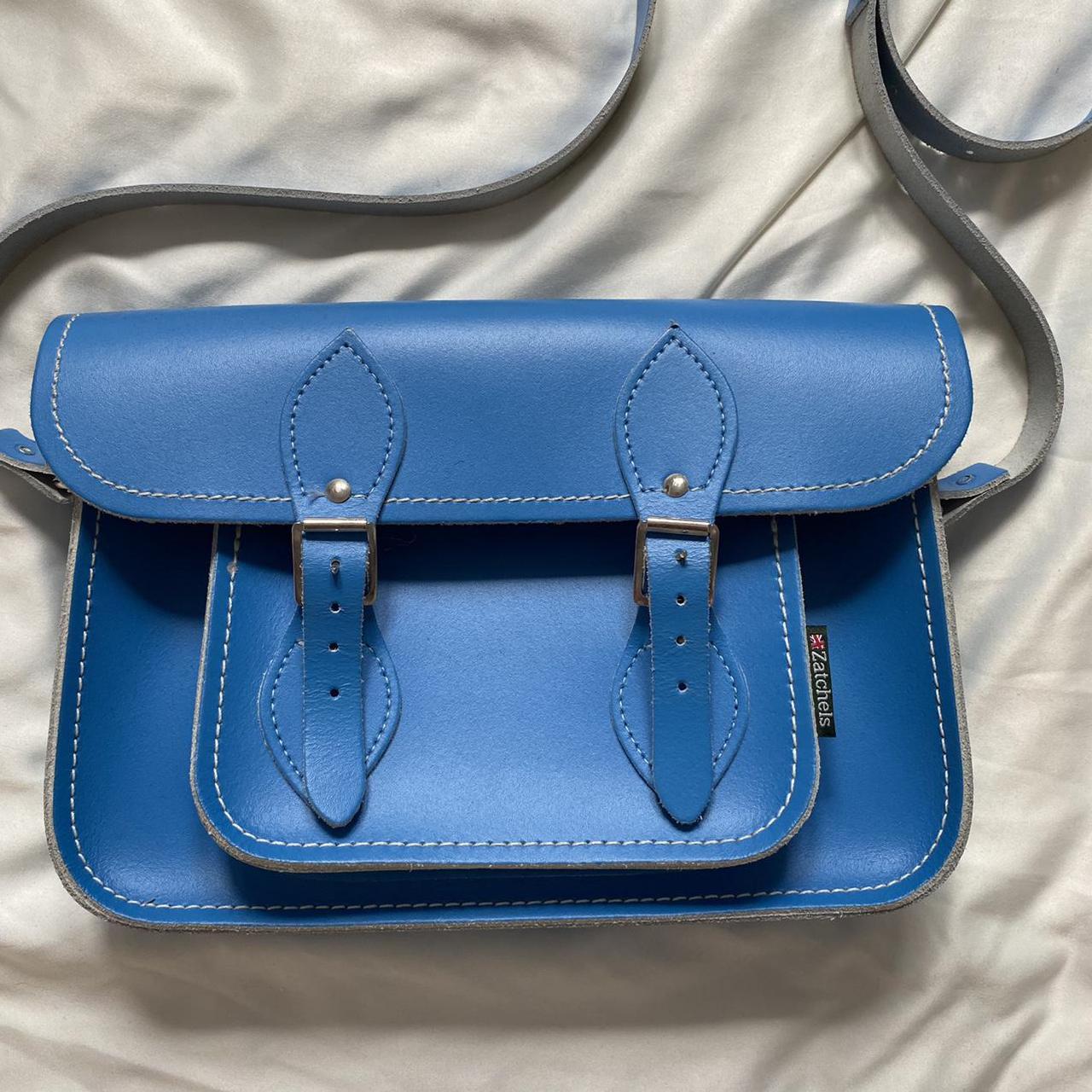 Blue satchel leather bag 11.5” - adjustable... - Depop