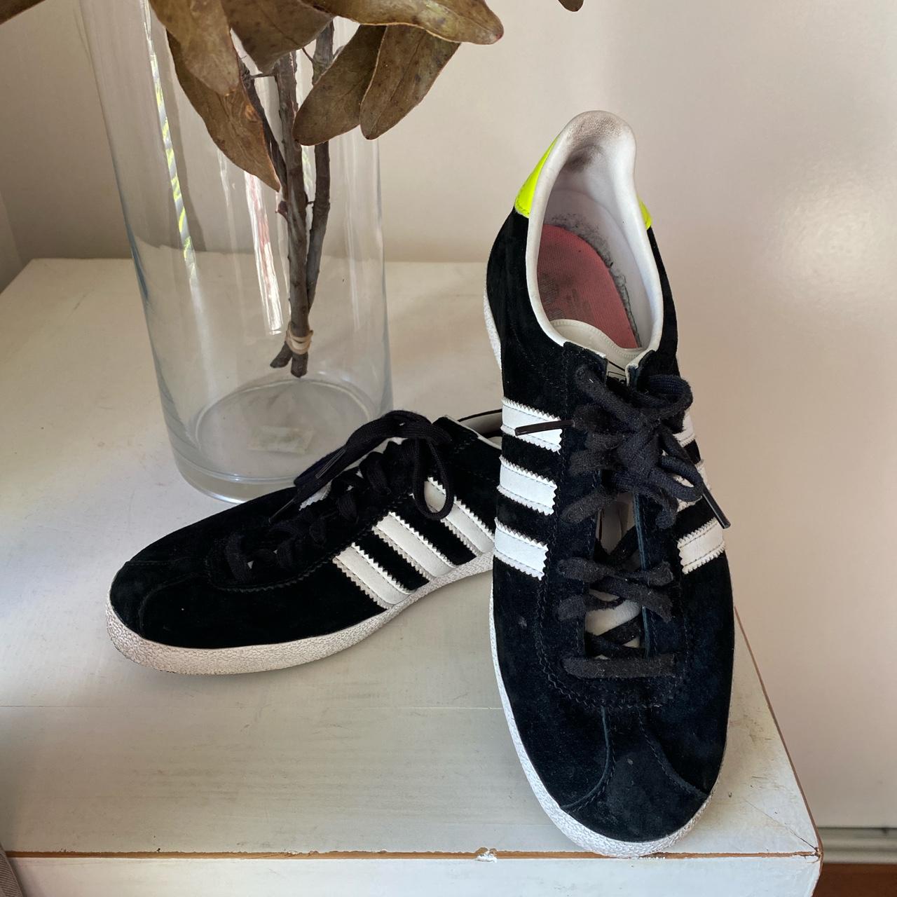 Adidas gazelles with neon yellow back and gold... - Depop