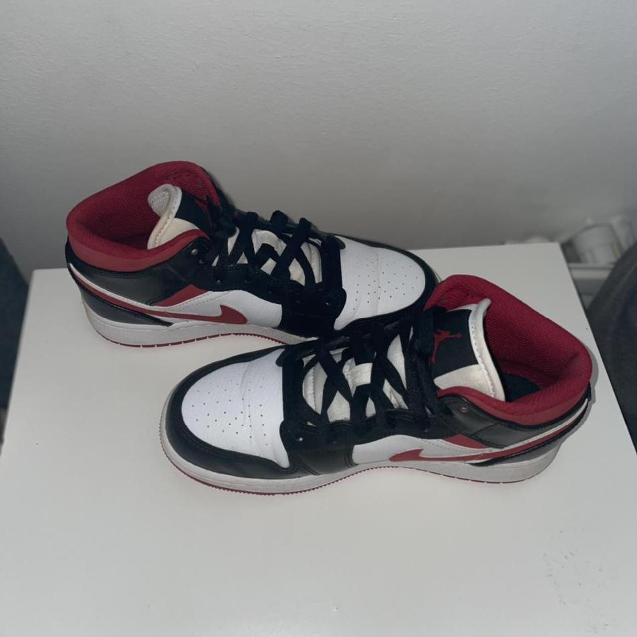 Jordan Mid 1 black red and white Size 4 Worn with... - Depop