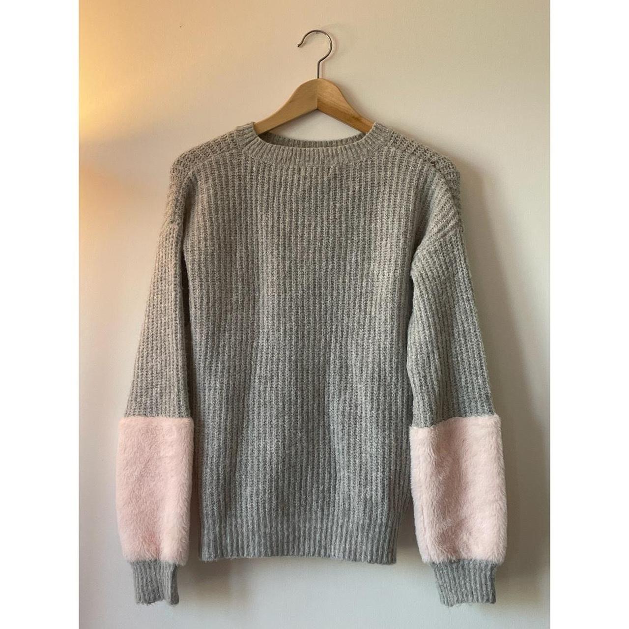 Primark Grey Knitted Jumper with Pink Fluffy... - Depop