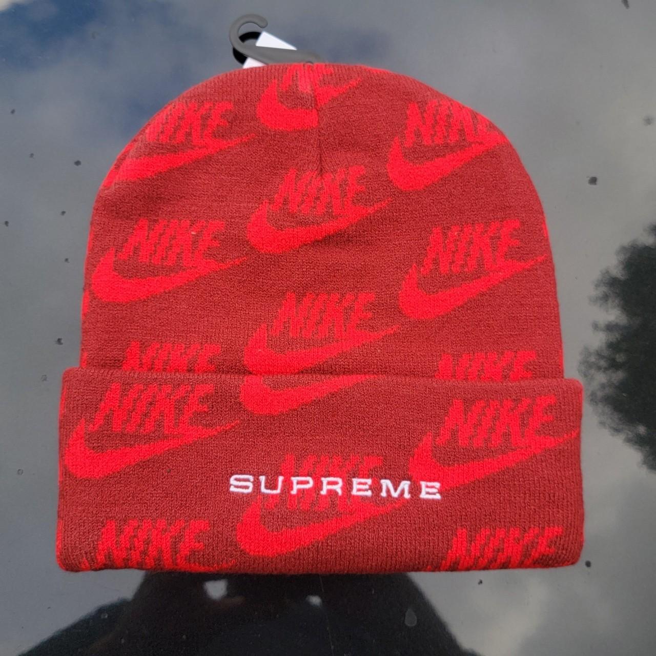 Supreme Nike Jacquard Logos Beanie in Red colorway. - Depop