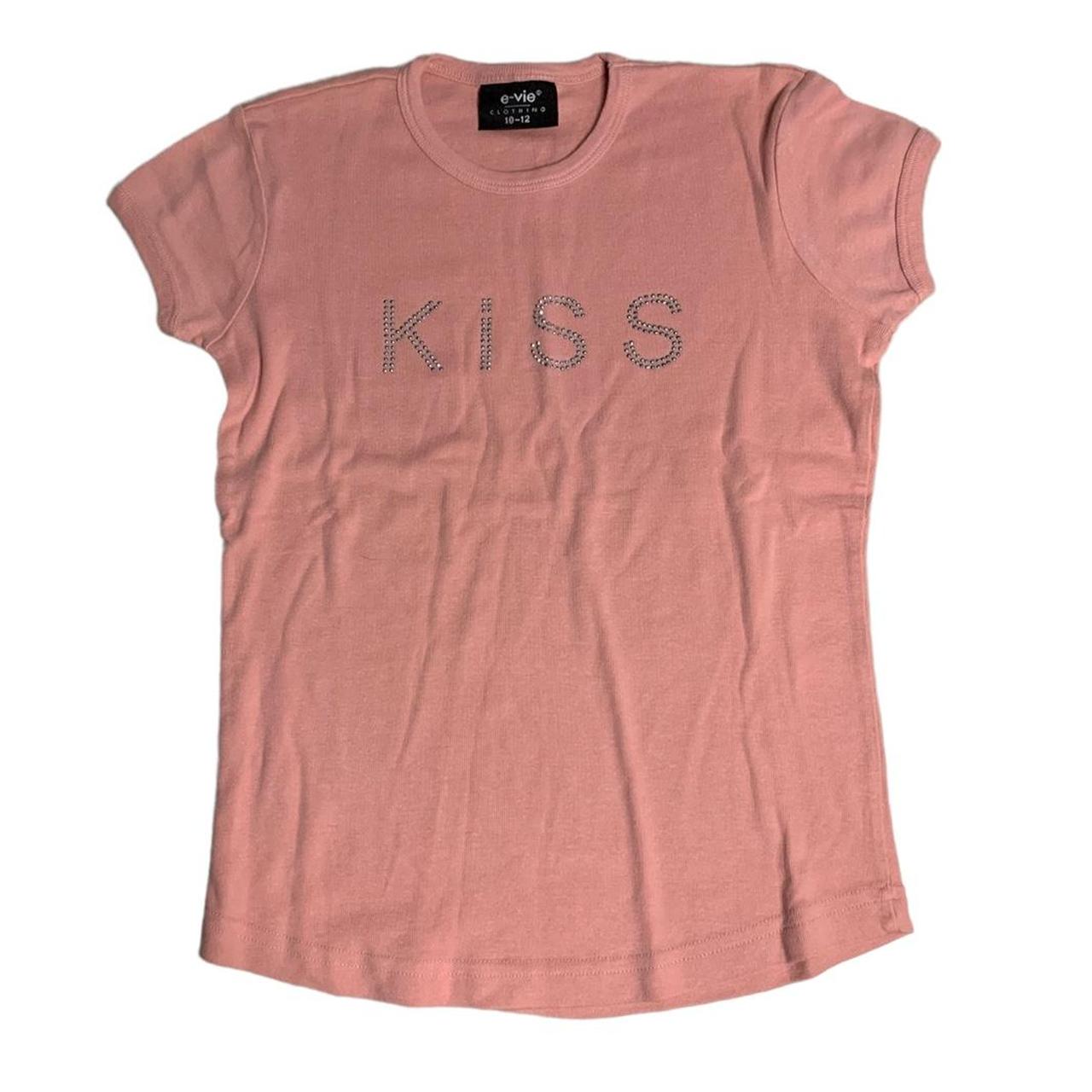Blush pink fitted/ baby tee top “Kiss” slogan with... - Depop