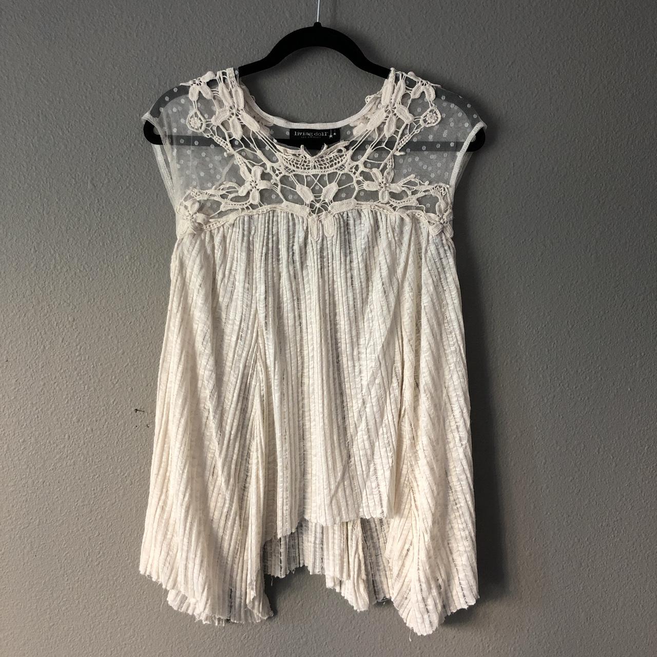 Cream colored boho chic style top with sheer lace... - Depop
