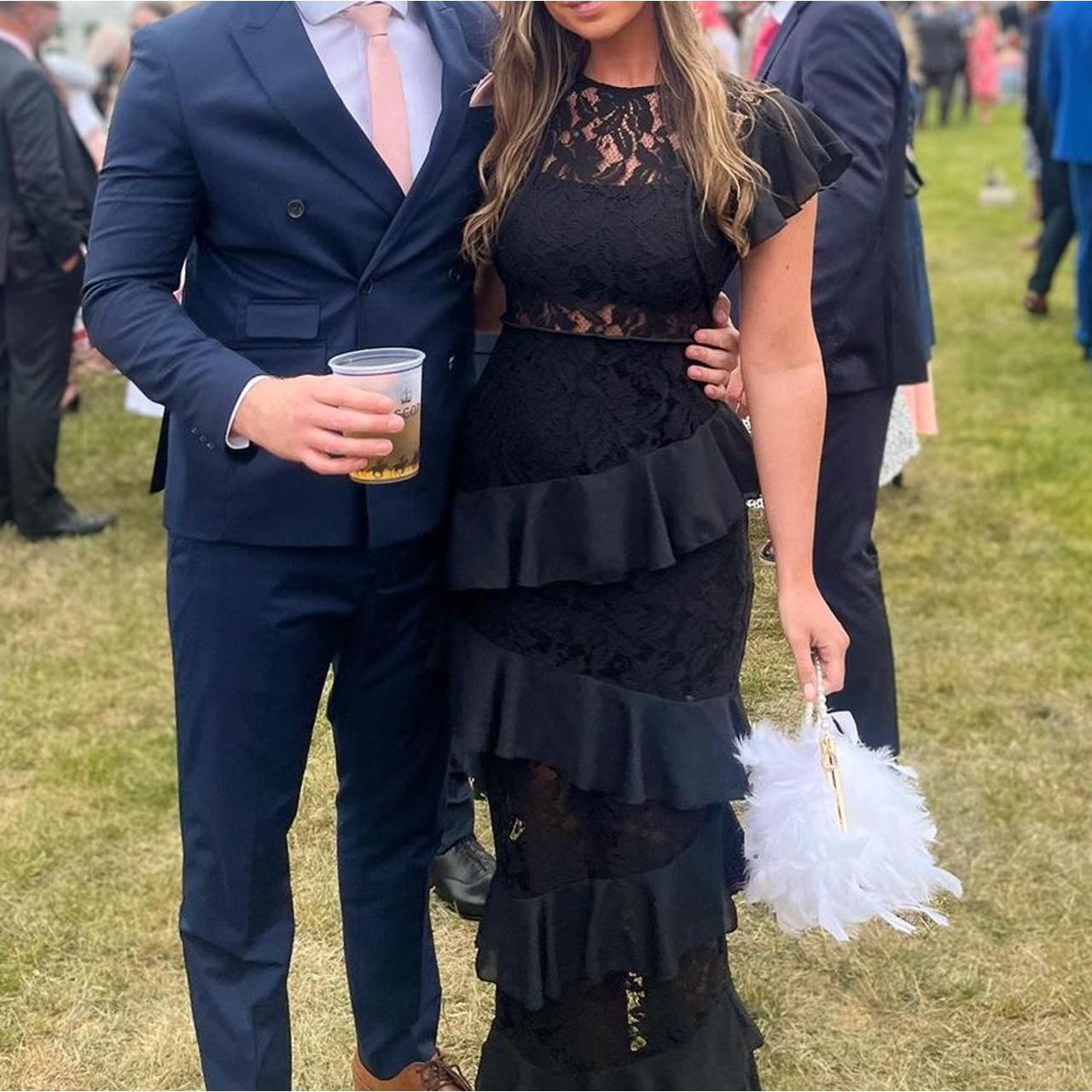 Maxi Dress Black Frill Dress Pretty Little Thing PLT Black Lace