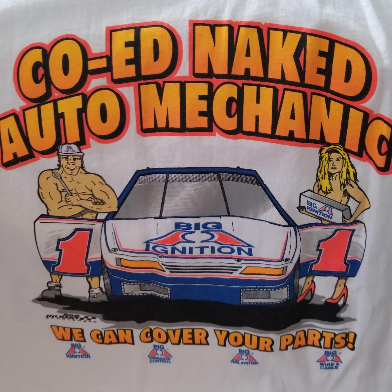 Vintage Big Ignition co-ed naked auto mechanic tee - Depop