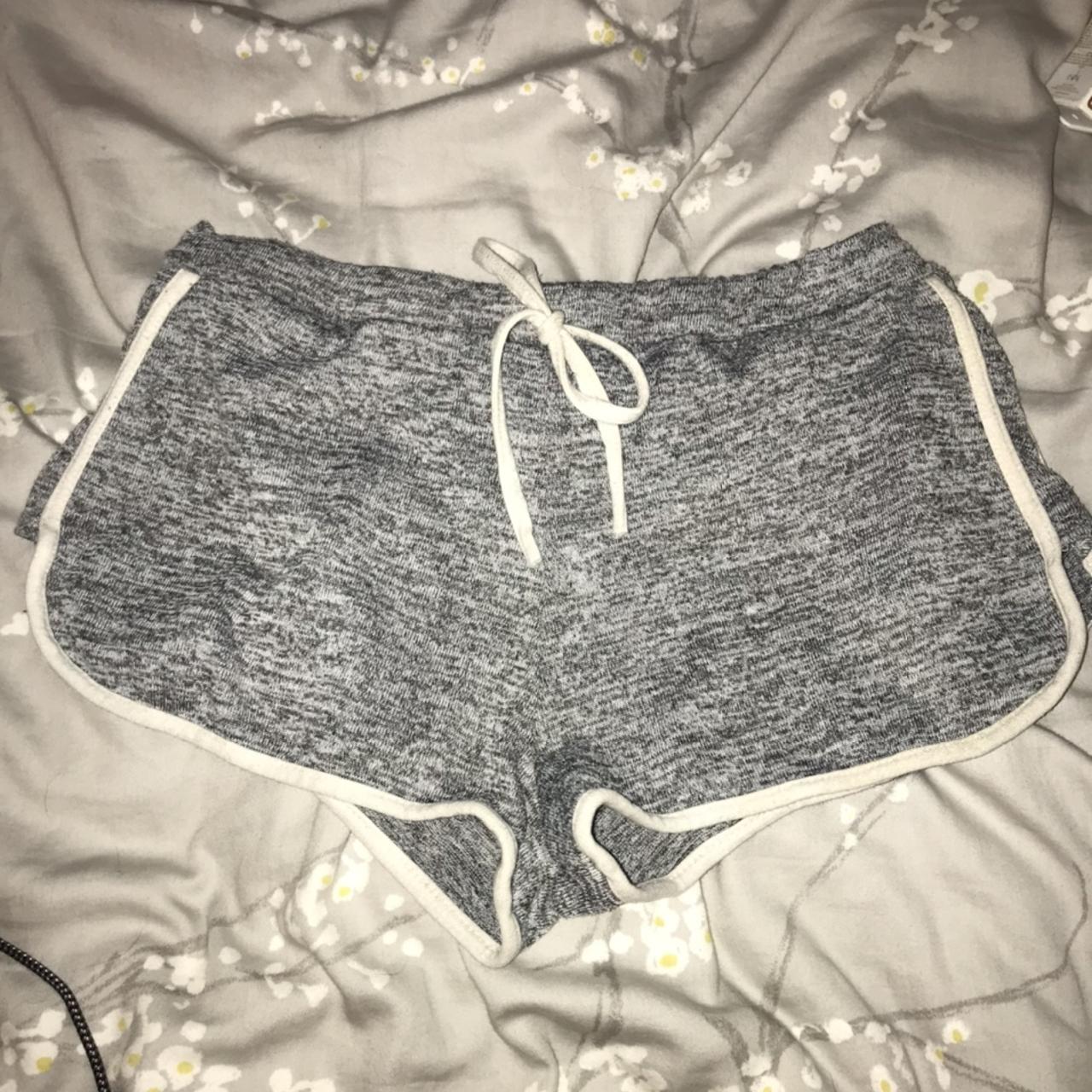 cute grey boohoo booty shorts with white