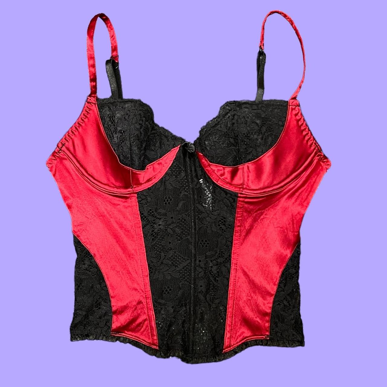 Corset With Red Satin And Black Lace Mesh Bustier Depop