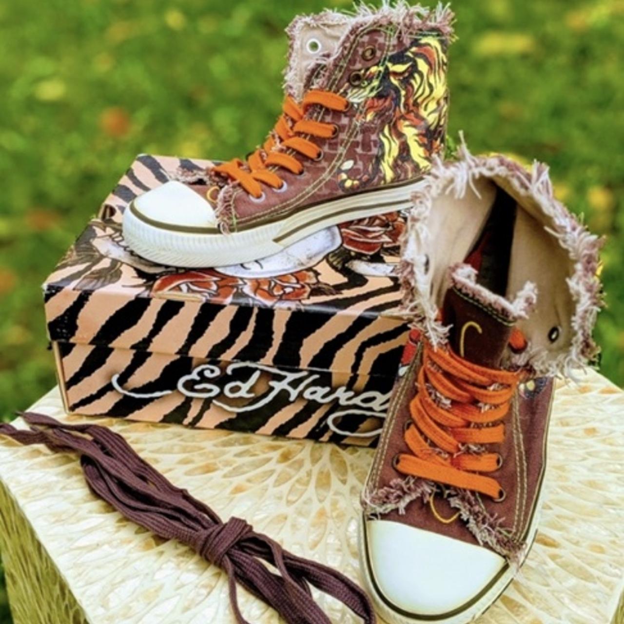 Size 5 Ed hardy high tops w tiger orange and brown