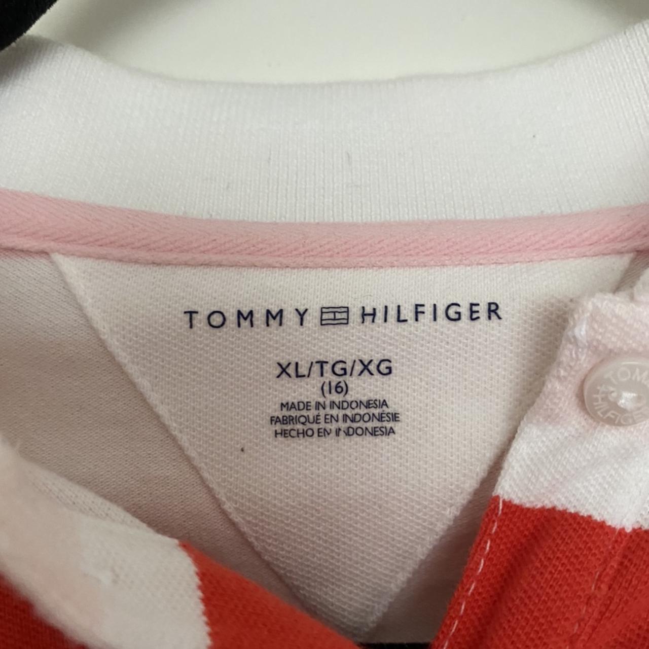 Girls Tommy Hilfiger red white and pink striped polo... - Depop