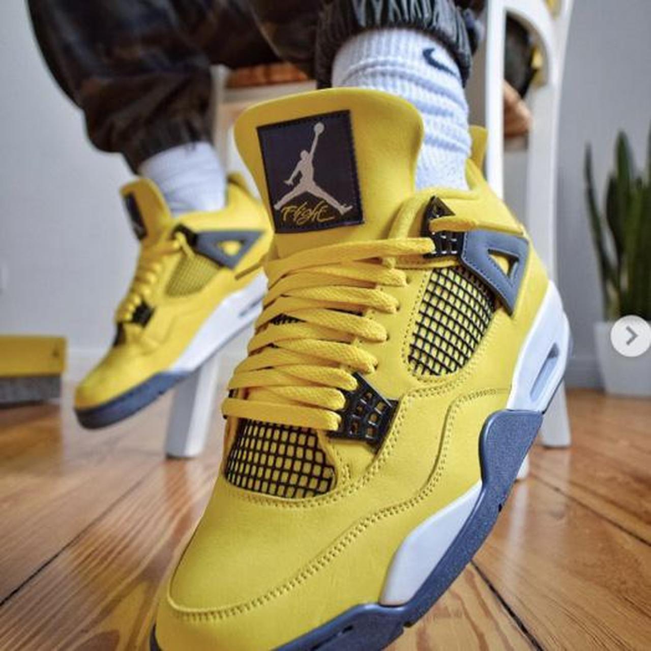 Kids Jordan 4 Retro Tour Yellow/Dark Blue Grey... - Depop